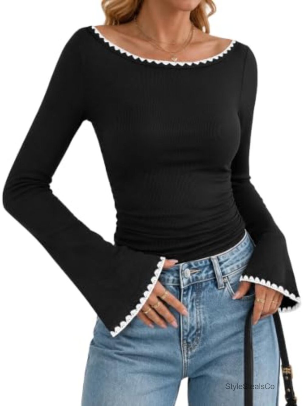 Women's Ribbed Knit Boat Neck Long Bell Sleeve Ruched Top